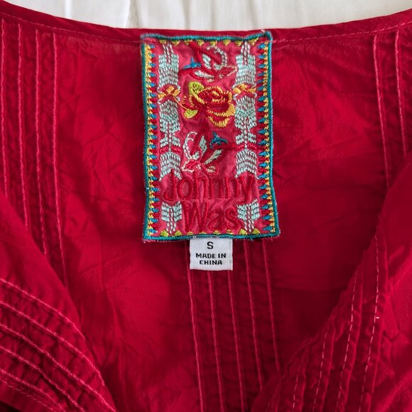 Johnny Was Dress Women's Small Red Eyelet Embroidered Scalloped V-Neck Babydoll - Picture 6 of 16